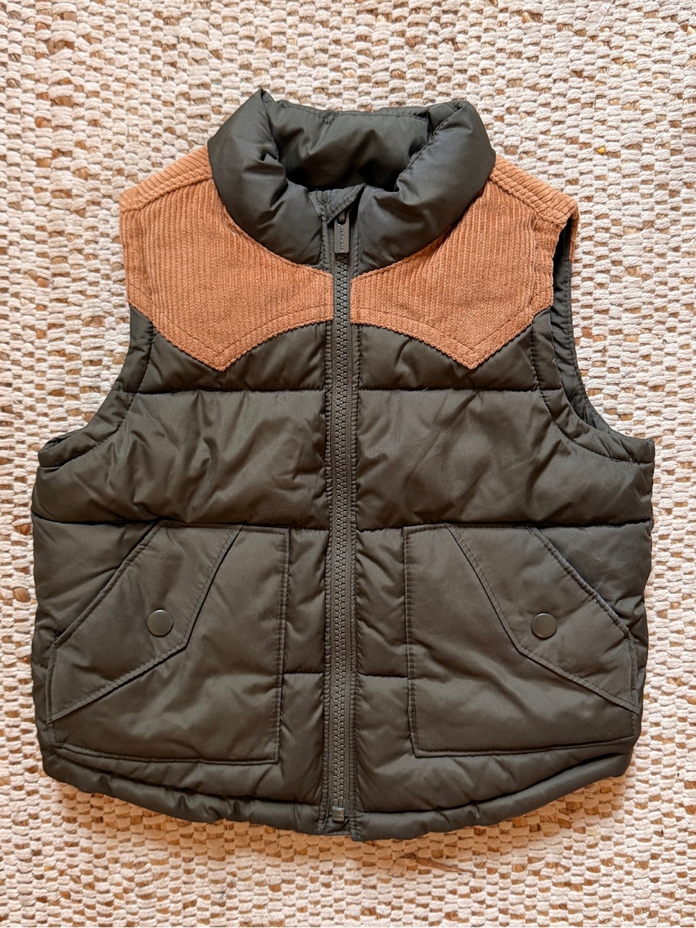 Old Navy Toddler Puffer Vest with Contrast Yoke - Olive & Brown 2T
